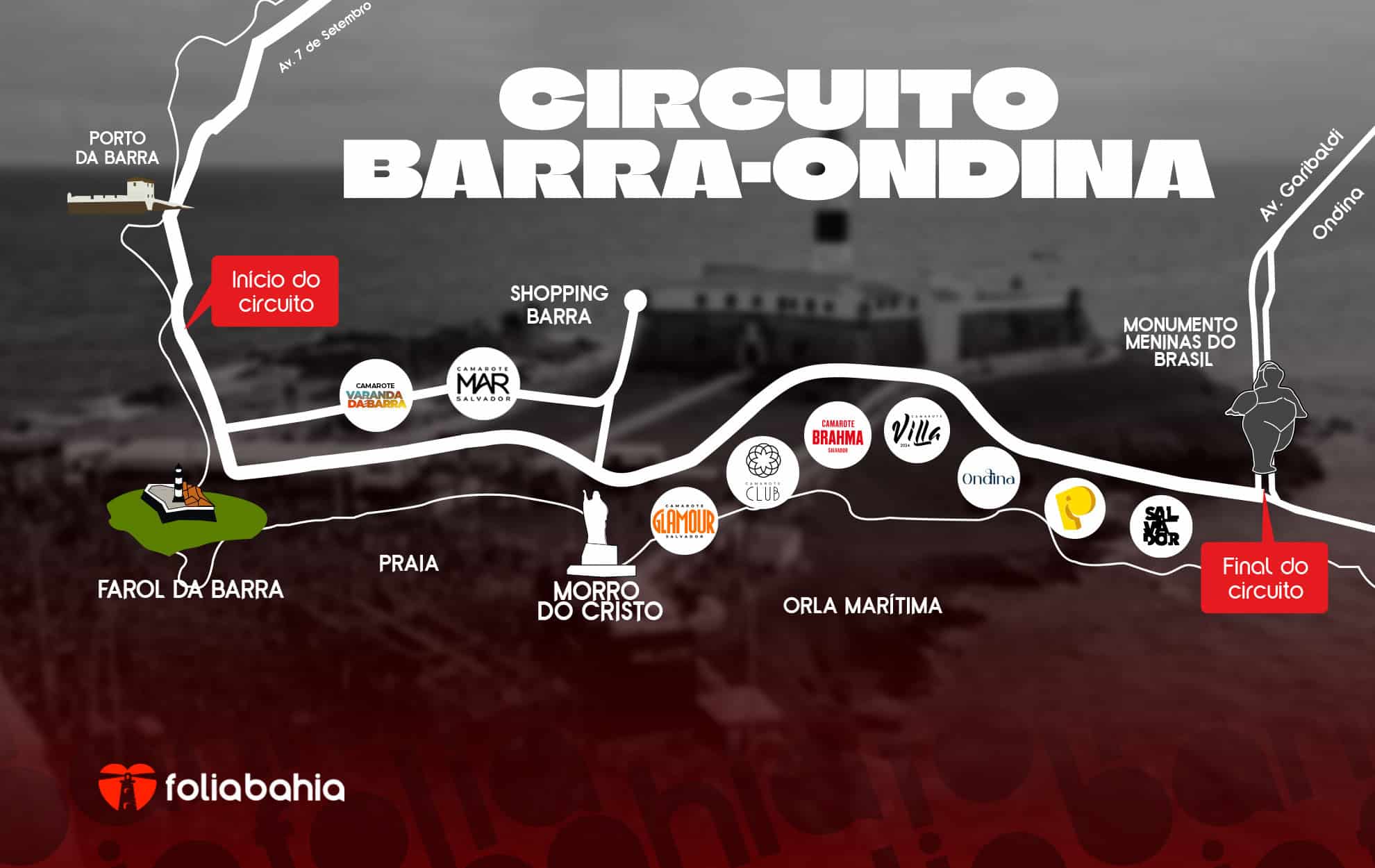 Mapa do circuito Barra-Ondina, marcando os camarotes do carnaval de Salvador